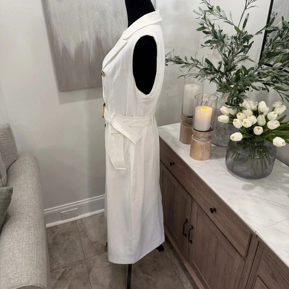 NWT Riva White Double-Breasted Sleeveless Trench Dress - Picture 3 of 14